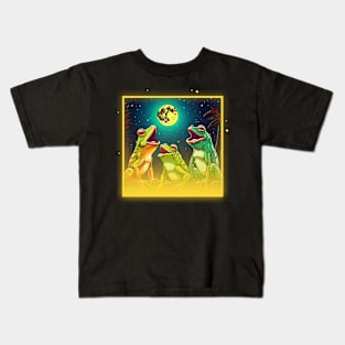 Three funny frog howling at the moon neon light Kids T-Shirt